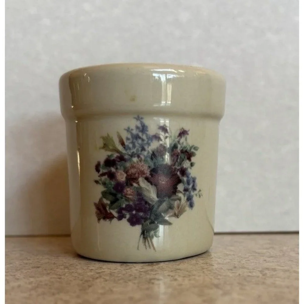 Ceramic Toothpick Holder Small Crock Floral Flowers 2 1/4